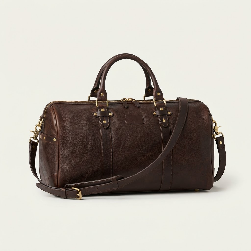 Leather weekender, the object tied to $30,000/mo on the sample ladder